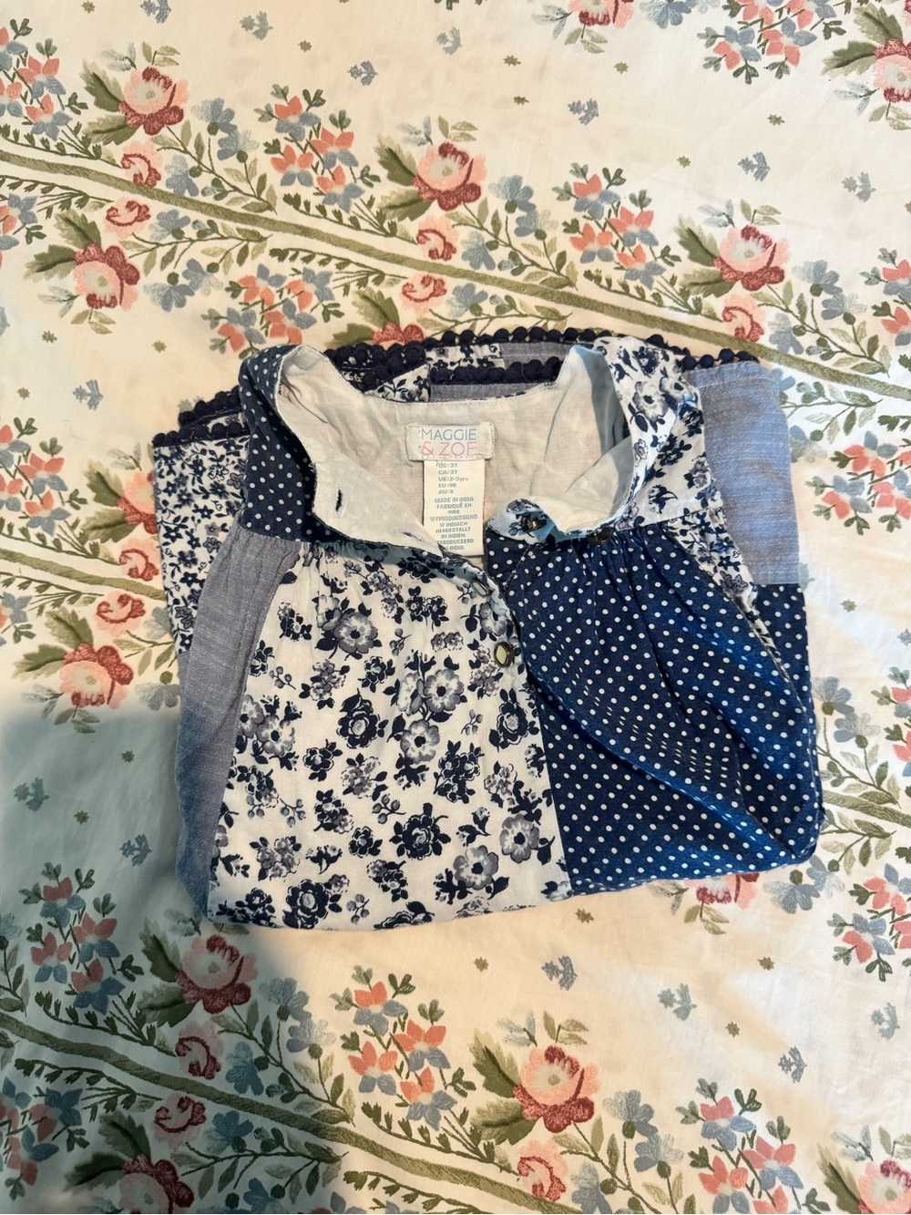 Maggie & Zoe Navy Patchwork Floral and Polka Dot Girls Top